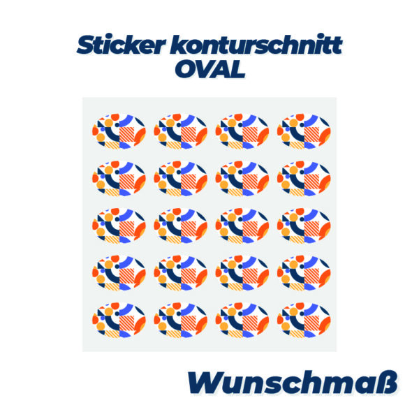 Ovale Sticker mit Konturschnitt – Hochwertige Sticker im freien Format, mit präzisem ovalen Konturschnitt und optionaler Laminierung.