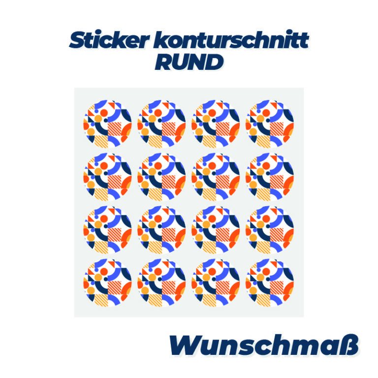Runde Sticker mit Konturschnitt – Individuell gestaltete Sticker im freien Format mit präzisem Rundschnitt und optionaler Laminierung.