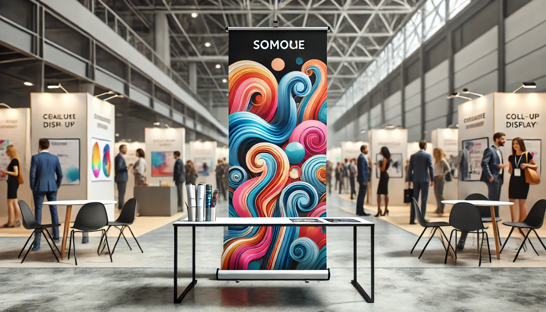 Roll-Up Kreative Gestaltungsideen – Modernes Roll-Up auf einer Messe, ohne Text, mit lebendigem Hintergrund und inspirierenden Designelementen.